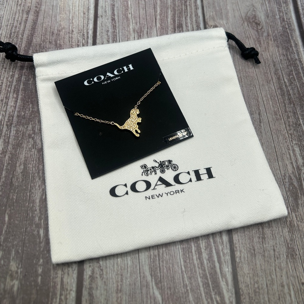 NWT COACH Signature Pave Diamond Gold Rexy Dinosaur T-Rex Necklace + Dust Bag - Picture 3 of 7